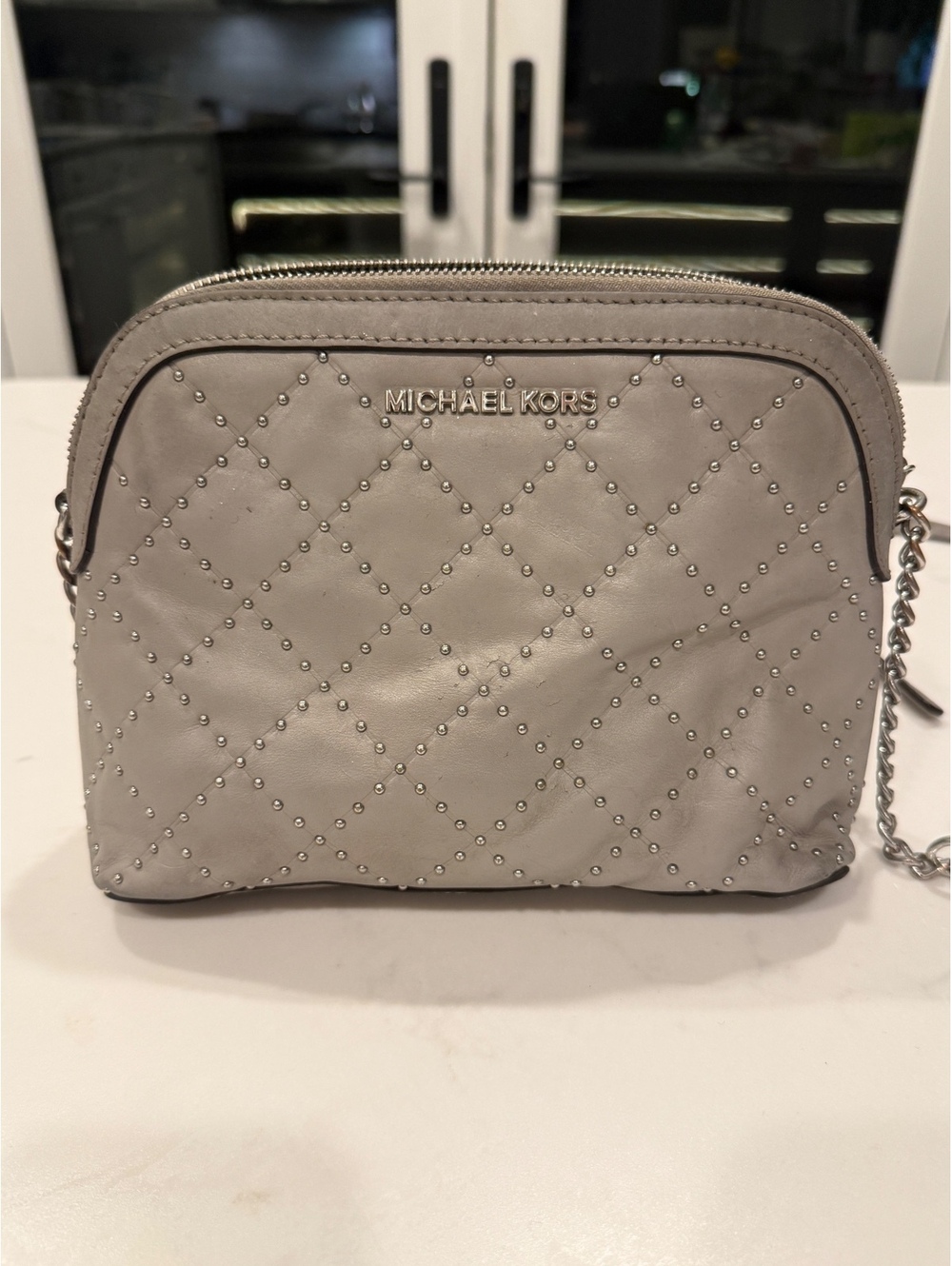 Michael Kors Quilted Studded Leather Crossbody Bag in Light Gray